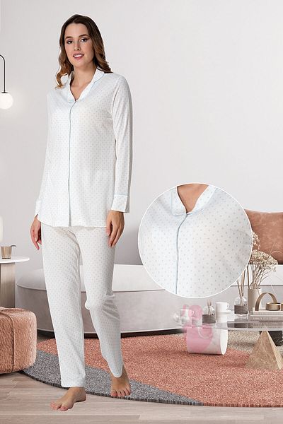 BLACKMORE Set de pijamale de maternitate cu mânecă lungă, cu buline, cu nasturi în față, albastru