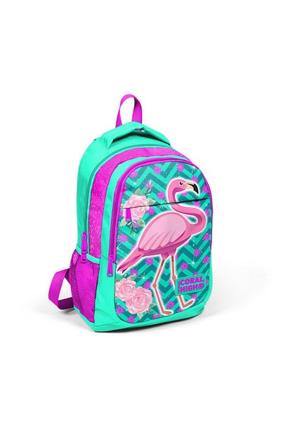 Yaygan Coral High Kids Water Green Pink Glitter Flamingo Patterned 3-Piece School Bag Set