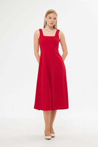 lovebox Flexible Crepe Fabric Thick Strap Square Neck Midi Length Flared Design Red Evening Dress 086