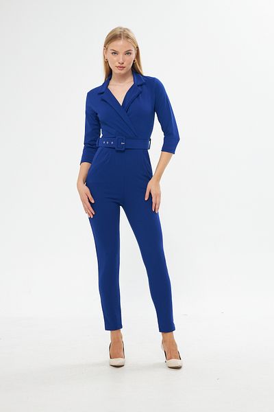 lovebox Women's Belt Detailed Double Breasted Collar Saks Blue Jumpsuit 32044
