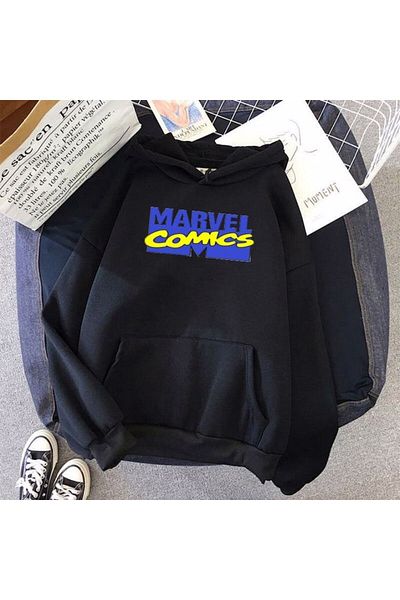 Pisa Art Μαύρο φούτερ με στάμπα Marvel με κουκούλα