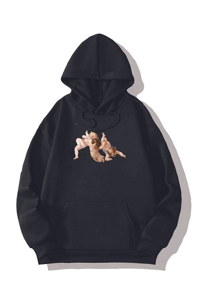 Pisa Art Φούτερ με κουκούλα με στάμπα μαύρο αγγέλου Unisex Oversize