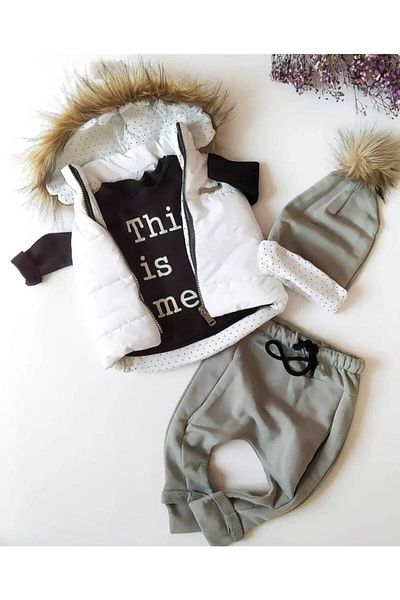 Bilge Trend 4 Piece Girl Boy Baby UNISEX Set Consisting of Hooded Puffer Vest, Beanie, T-shirt and Trousers