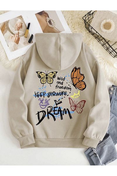 ALİKA Béžová oversized mikina Keep Groving Dream s kapucí