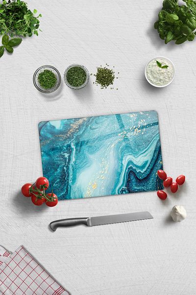 Decorita Turquoise Patterned Glass Cutting Table with Gold Detail - 20cm X 30cm
