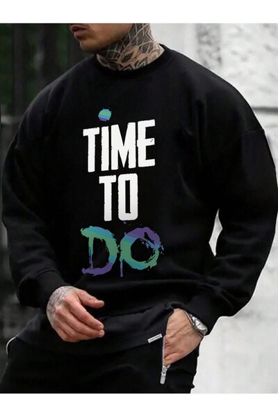 Adrift Φούτερ με σχέδιο σλόγκαν και ριχτούς ώμους, μαύρο