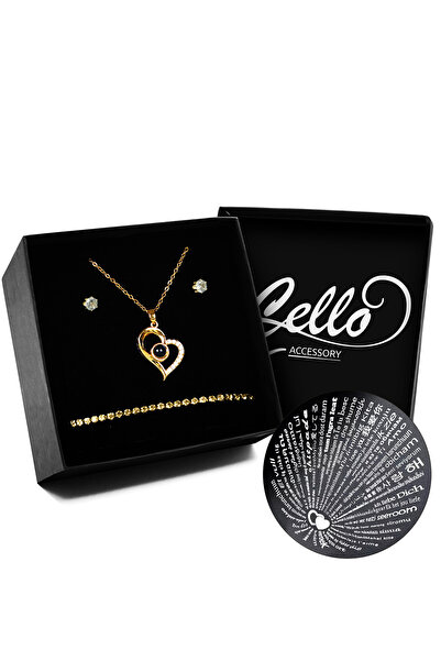 Cello Accessory Gold Renk Kaplama Çelik 100 Dilde Seni Seviyorum Kolye & 2'li Küpe & Bileklik Seti