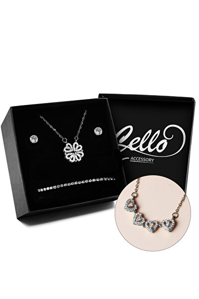 Cello Accessory Gümüş Renk Kaplama Zirkon Taşlı Açılır Yapraklı Gümüş Renk Çelik Yonca Kolye & 2'li Küpe & Bileklik