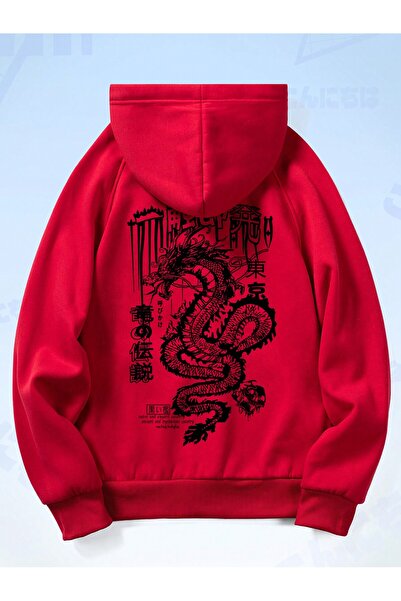 Adrift Anime Guys Dragon & Letter Graphic Raglan με κουκούλα με κορδόνι κόκκινο