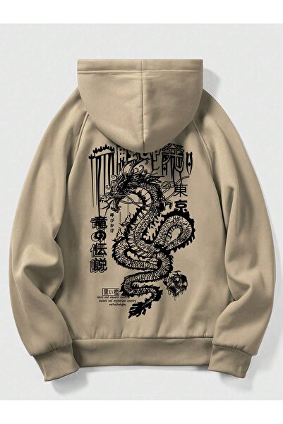 Adrift Anime Guys Dragon & Slogan Graphic Raglan με κορδόνι με κουκούλα Χακί