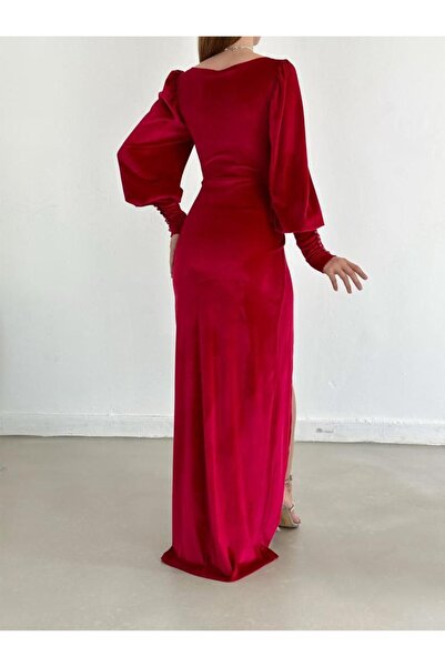 Varyete Kalp Yaka Düğmeli Balon Kol Yırtmaçlı Kadife Kumaş Abiye Elbise Düğün Nişan Söz Davet