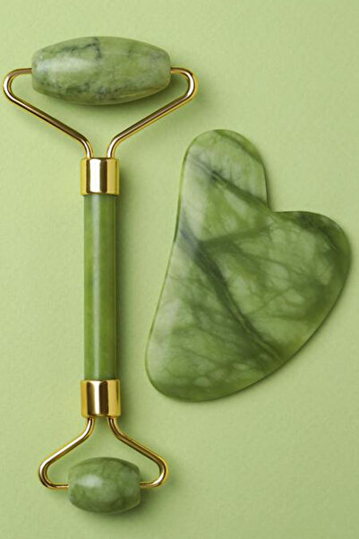 Markafox Yeşim Face Jade Roller Ve Yeşim Kalp Gua Sha Masaj Taşı Yüz Masaj Seti