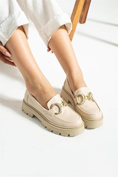 Yula Fashion Shoes Bej Cilt Tokalı Kadın Loafer Ayakkabı