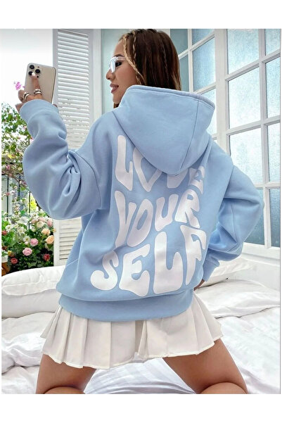 machiavelli Γυναικείο μπλουζάκι με κουκούλα Baby Blue Love Yourself με τύπωμα oversized