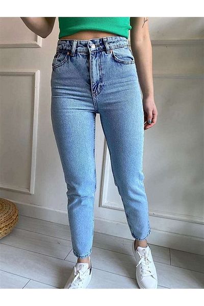 MAKRAS EXCLUSIVE Blugi de damă Boyfrend Blue Snow Wash cu talie înaltă Lycra Mom Jeans