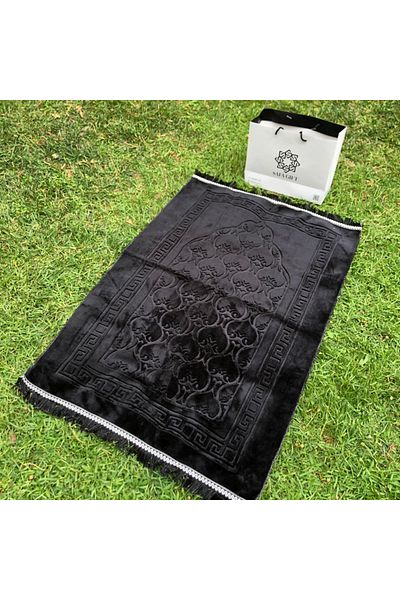 Safa Gift Luxury Thick Soft Plush Non-Slip Leather Based Gift Dowry Prayer Rug BLACK PLUSH SECCADE