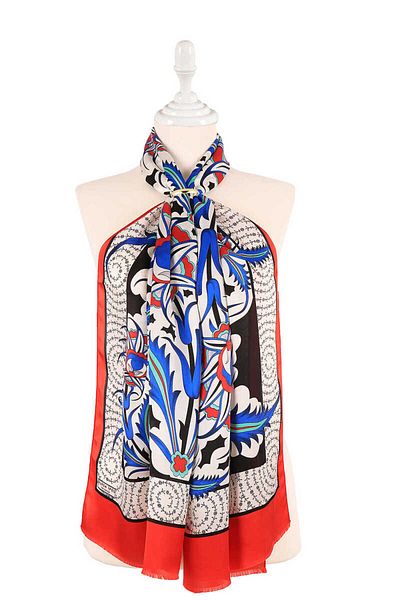 Bursa İpek Red Golden Horn Pattern Silk Scarf