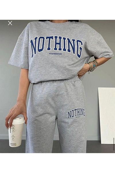 AFROGİYİM Women's Nothing Printed Combed Cotton Short Sleeve Tracksuit Set
