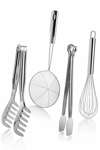 Hilamingo Home Stainless Steel 4-Piece Kitchen Set / 4-Piece Tongs, Whisk Colander Set