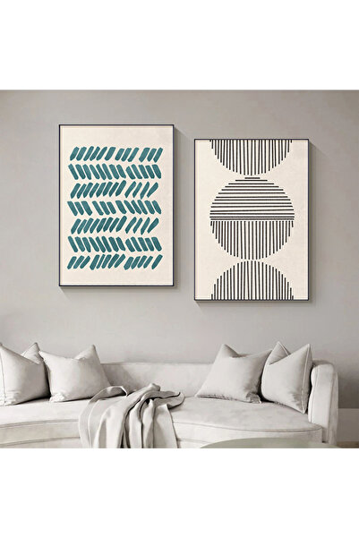 Linacci Σετ αφίσας με μοντέρνο γυαλί με φύλλα σε μπλε σκανδιναβικό χρώμα με διπλό μεταλλικό πλαίσιο από μαύρο αλουμίνιο