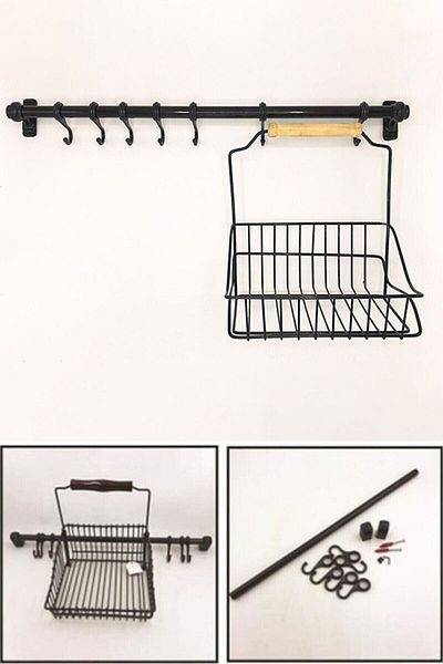 DURNES Retro Hanging Kitchen Basket Countertop Wall Hanging Organizer with Wooden Handle