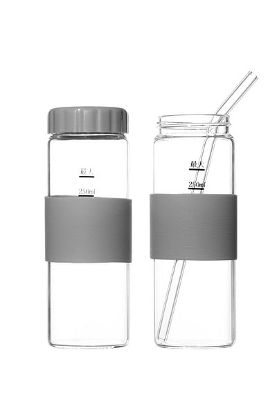 Karçiçeği Home Set of 2 Heat Resistant Glass Straws with Lids Borosilicate Thermisil Flask with Cup Holder Rubber