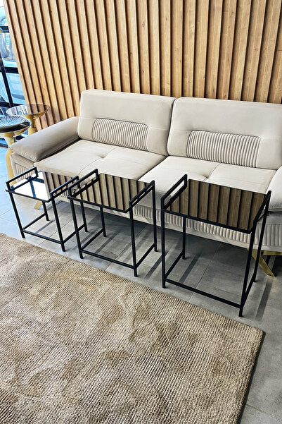 Genel Markalar 3'lü Rana Sehpa Siyah, Füme Aynalı Cam, Çok Amaçlı Metal Zigon Yan Sehpa