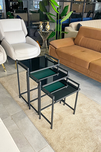 Genel Markalar 3'lü Rana Sehpa Siyah, Füme Aynalı Cam, Çok Amaçlı Metal Zigon Yan Sehpa