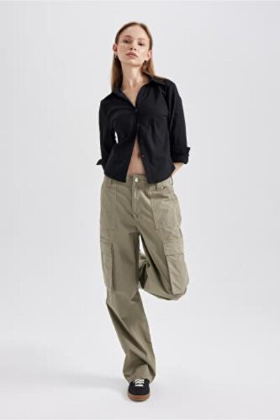 DeFacto High Waist Gabardine Pants - Straight Fit, Cargo Pockets, B0625Ax23Au