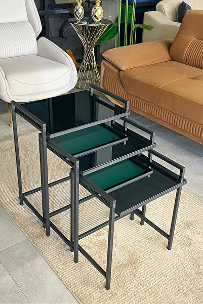 Genel Markalar 3'lü Rana Sehpa Siyah, Füme Aynalı Cam, Çok Amaçlı Metal Zigon Yan Sehpa