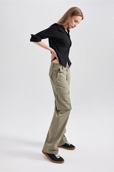 DeFacto High Waist Gabardine Pants - Straight Fit, Cargo Pockets, B0625Ax23Au