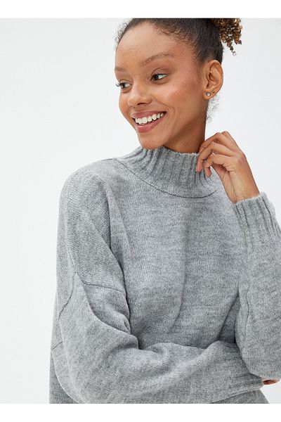 Koton High Collar Comfortable Plain Gray Sweater Women 4WAL60001HT