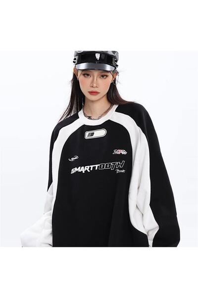 Touz Moda dompuleri moda Y2K Streetwear Smarttooth Baskılı Siyah Unisex Oversize Bisiklet Yaka Sweatshirt