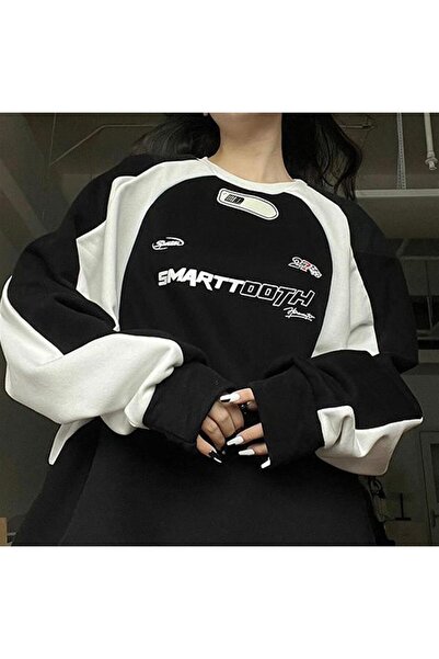 Touz Moda dompuleri moda Y2K Streetwear Smarttooth Baskılı Siyah Unisex Oversize Bisiklet Yaka Sweatshirt