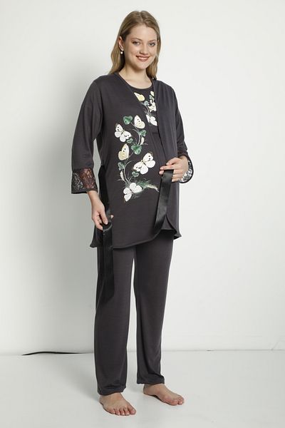 Miss Dünya Lissa Smoked Patterned Maternity and Maternity Pajamas Set with Dressing Gown