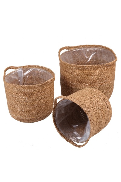 Çavdar Group Hasır Yuvarlak Kulplu Saksılık Saksı El Örmesi Hasır Sepet