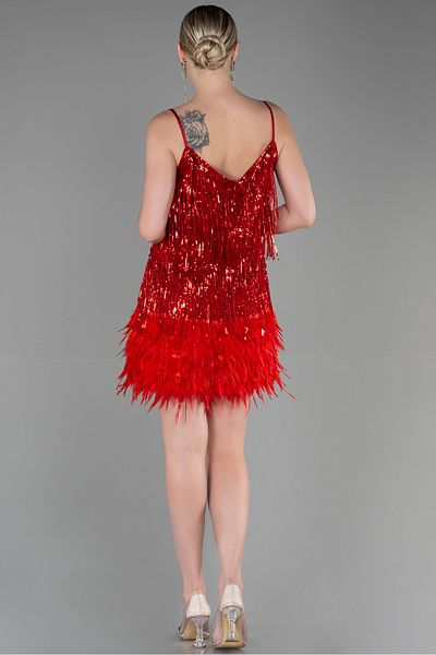 Abiyefon Red Suspender Skirt with Embellished Short Tassels Invitation Dress ABK1629