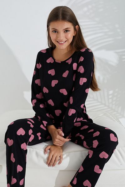 Siyah İnci black and pink heart patterned cotton pajama set