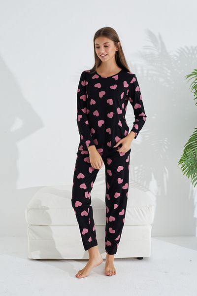 Siyah İnci black and pink heart patterned cotton pajama set