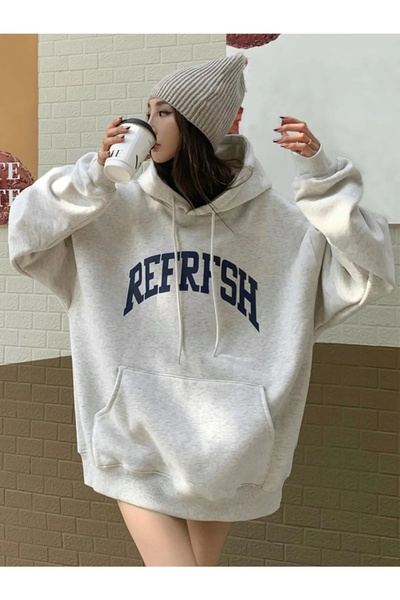 Machetta Büyük Beden Refrfsh Baskı Detaylı Kapüşonlu Cepli Sweatshirt-Hoodie