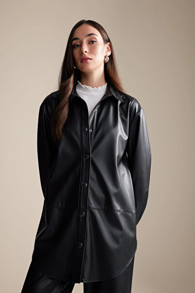 DeFacto Relax Fit πουκάμισο γιακάς από συνθετικό δέρμα μακρυμάνικο τουνίκ