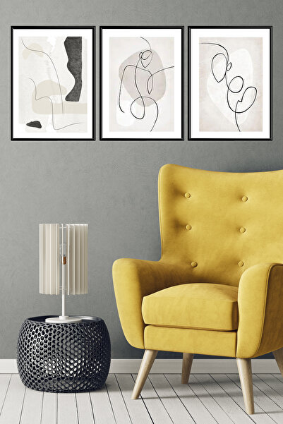 Linacci Üçlü Siyah Alüminyum Metal Çerçeveli Geometrik Soyut Siluet Beyaz Camlı Poster Tablo Seti