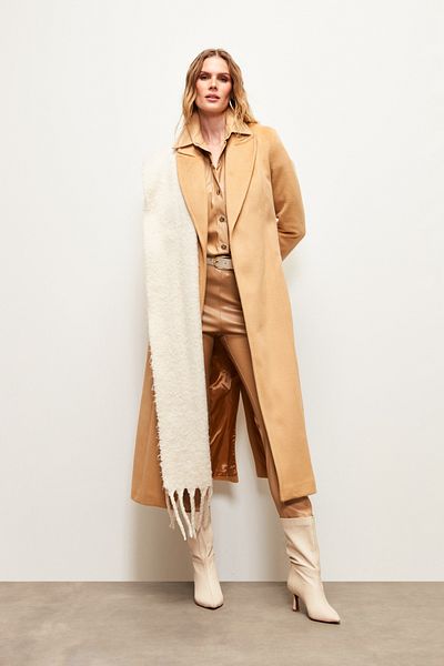 Sateen Camel Long Belted Coat
