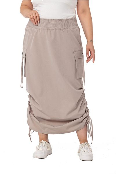 DISENTIS MODEST Large Size Side Gather Detailed Elastic Waist Parachute Long Jewelled Skirt