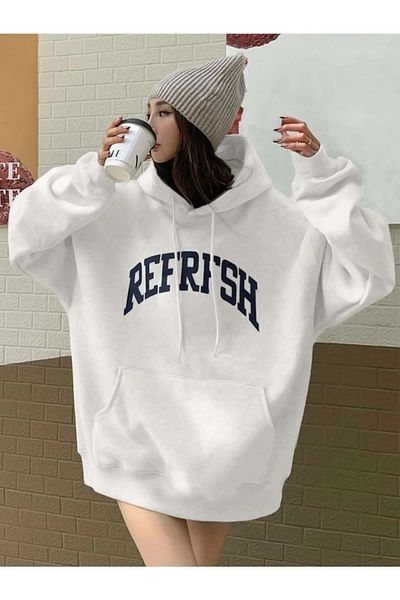 Machetta Large Size White Refrfsh Print Detailed Hooded Pocket Sweatshirt-Hoodie