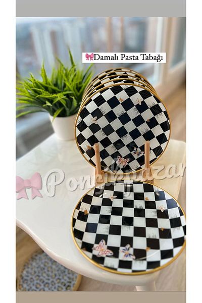 PONCİKPAZAR Checkerboard Patterned Cake Plate - 6 Pieces
