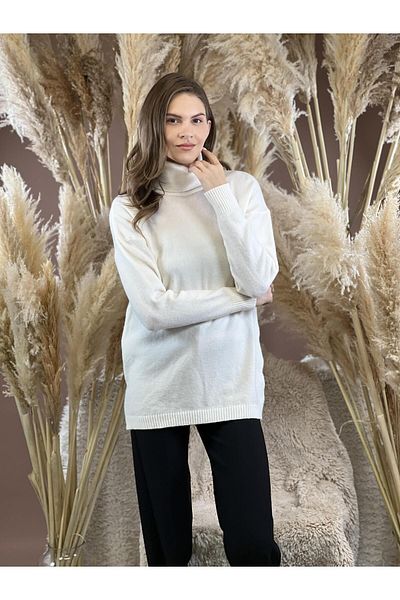Miss Poem Women's High-Top Winter Turtleneck Basic Ecru Knitwear Sweater