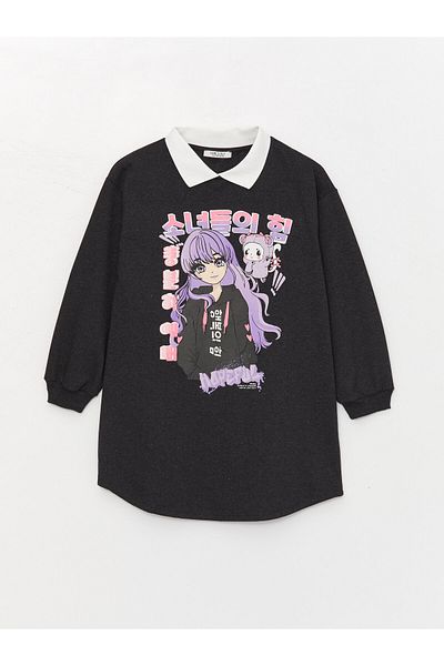 LC Waikiki Shirt Collar K-Pop Printed Long Sleeve Girls' Dress