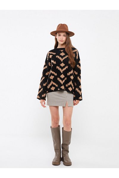 LC Waikiki Pulover de damă supradimensionat cu mânecă lungă, cu model, cu decolteu, tricot