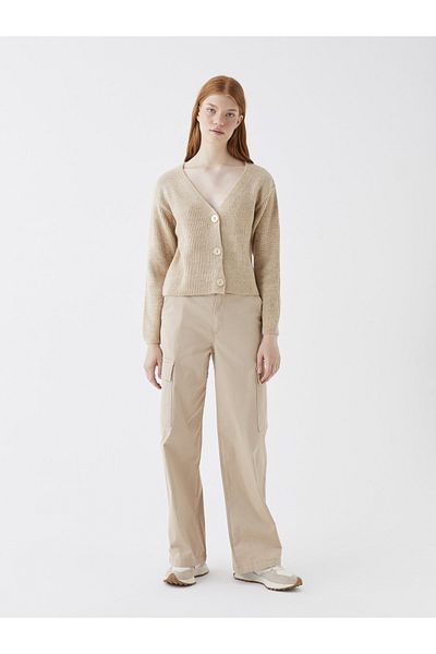 LC Waikiki V-nyakú sima, hosszú ujjú Crop női kötöttáru kardigán